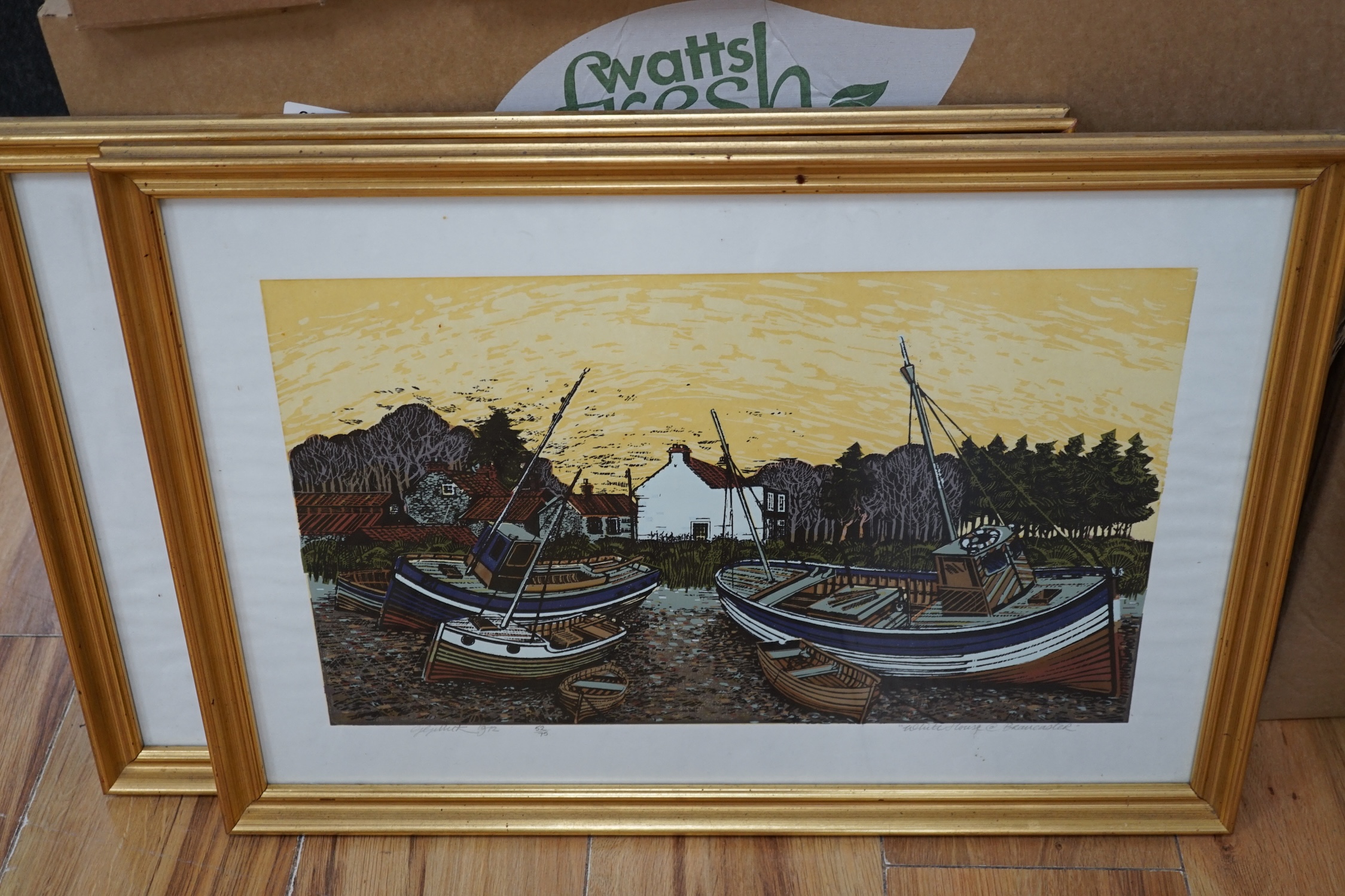 G. Gillick, four colour linocuts including 'Wells Next the Sea', 'Clay Mill', 'Blakeney Quay' and 'White House at Brancaster', each signed in pencil and limited edition, largest 51 x 32cm. Condition - fair